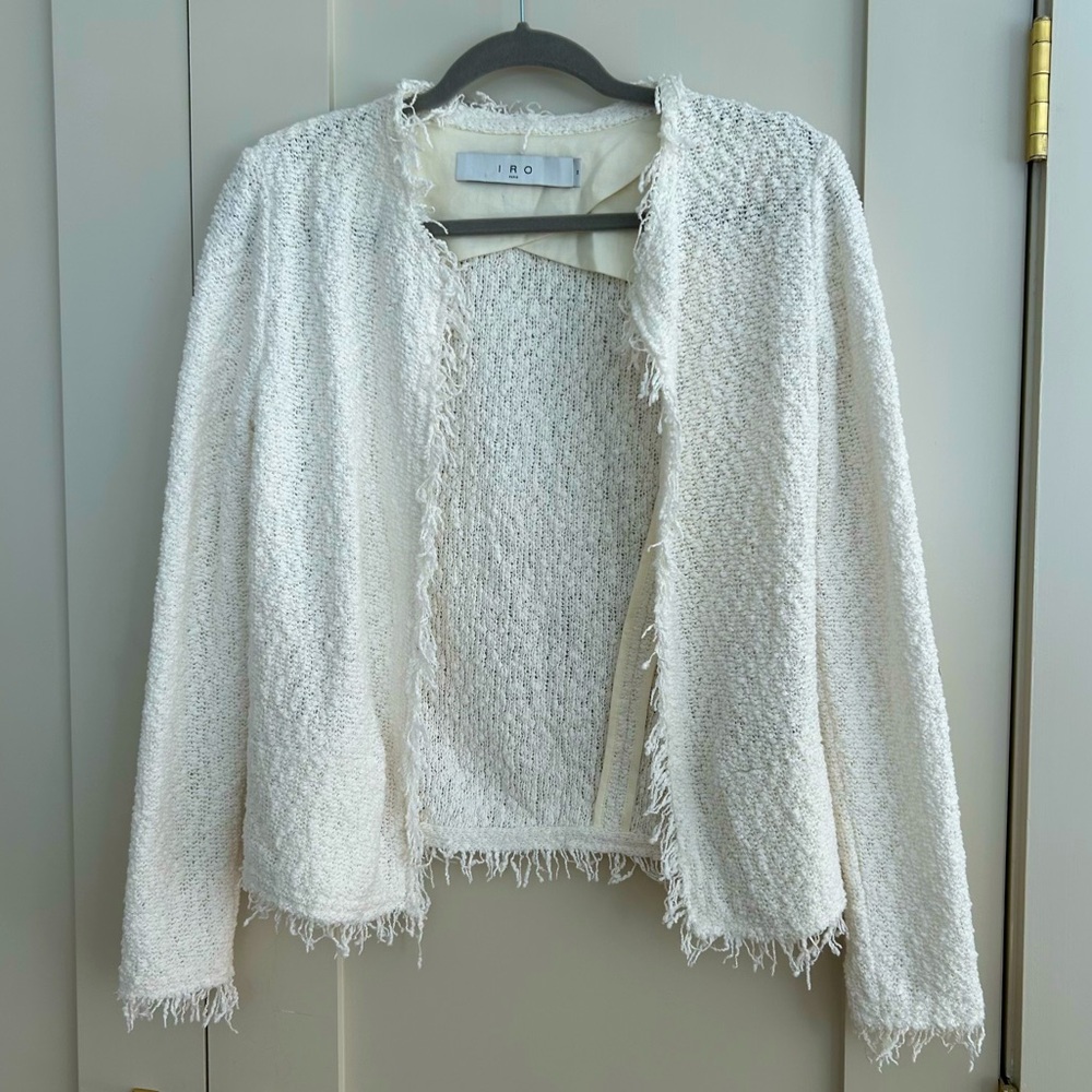 IRO Shavani White Tweed Jacket Boucle Fringe Knit Open Blazer Cardigan 34